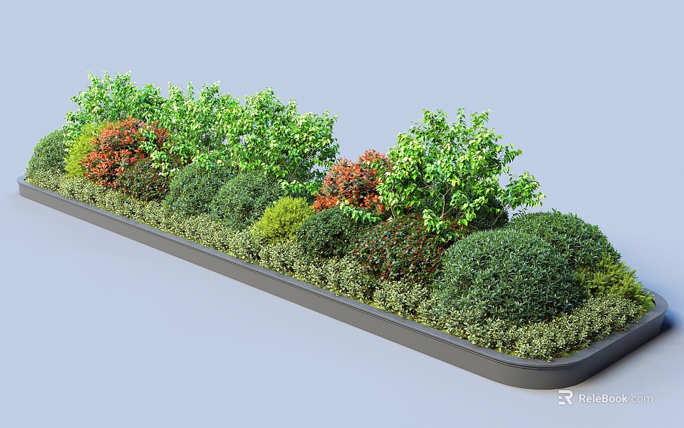Various Green and Red Rounded Shrubs Arranged in a Long Planter Bed 3d model 