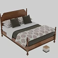 Solid Wood Double Bed Frame with Decorative Posts and Patterned Bedding 3d model