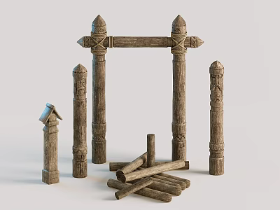 Rustic Wooden Decorative Architectural Pieces With Carved Pillars Arched Frame And Stacked Logs 3d model