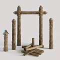 Rustic Wooden Decorative Architectural Pieces With Carved Pillars Arched Frame And Stacked Logs