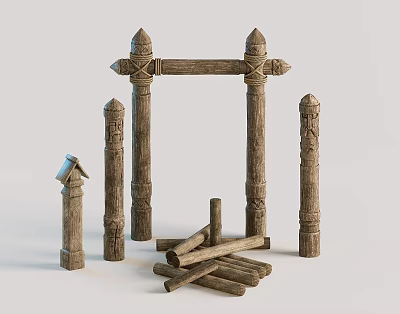 Rustic Wooden Decorative Architectural Pieces With Carved Pillars Arched Frame And Stacked Logs 3d model