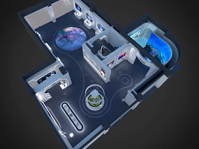 Futuristic Exhibition Space Interior With Globe Displays Aquarium Greenery And Illuminated Paths 3d model