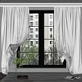 White Sheer Curtains Hanging On Double Window With Indoor Green Plants And Decor