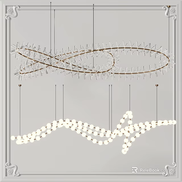 Modern Spiral And Wave Design Chandeliers With Metal Frame And Hanging Bulbs 3d model 