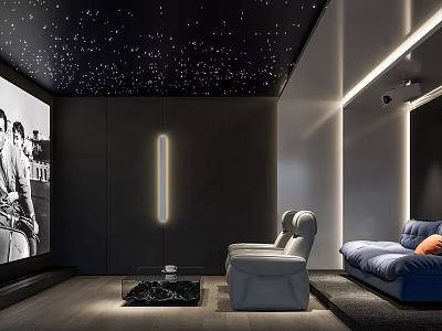 Modern Home Theater Room Interior Design With Starry Ceiling Large Screen And Comfortable Sofas 3d model