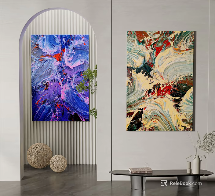 Colorful Abstract Paintings On Wall With Decorative Balls And Modern Interior 3d model 