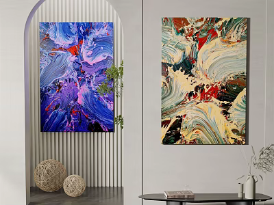 Colorful Abstract Paintings On Wall With Decorative Balls And Modern Interior 3d model