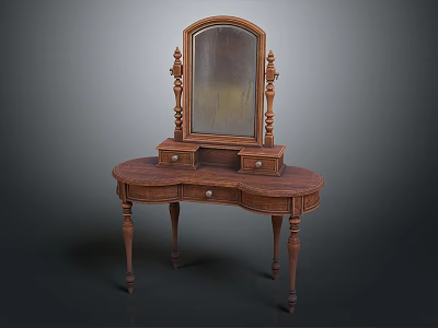 Classic Wooden Dressing Table With Oval Top Carved Posts And Mirror 3d model
