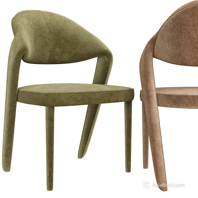 Modern Green And Brown Velvet Dining Chairs With Curved Back And Slender Legs 3d model 