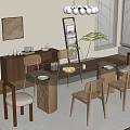Minimalist Modern Dining Table Set With Wooden Chairs Pendant Lights And Plants On Rug