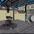 Futuristic Industrial Equipment In Metallic Room With Control Panels And Circular Window