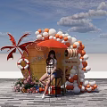 Live Stream With Female Host Viva Love Sign Orange White Balloon Arch Palm Leaf Decoration