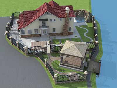 Elegant Courtyard Garden with Red Roof House Gazebo Pathway and Water Feature 3d model