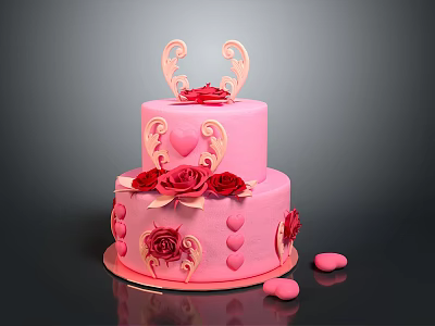 Two Tier Pink Cake with Red Roses and Heart Decorations on Top 3d model