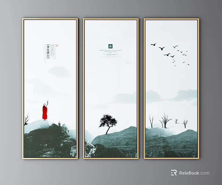 Chinese Style Landscape Wall Art With Red Figure Tree And Flying Birds 3d model