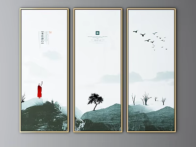 Chinese Style Landscape Wall Art With Red Figure Tree And Flying Birds 3d model
