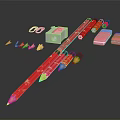 Red Decorative Pencils with Sharpener and Pink Erasers on Black Reflective Surface 3d model