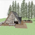 Rustic A Frame Villa Surrounded By Pine Trees Stream Rocks And Wooden Deck With Campfire 3d model