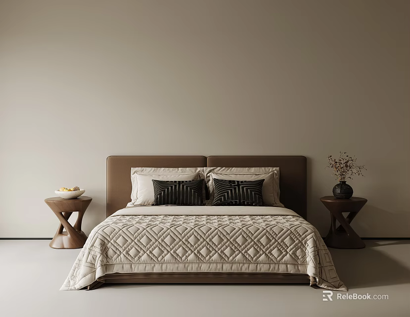 Minimalist Modern Bedroom Interior With Brown Headboard Geometric Quilt Decorative Pillows And Nightstands 3d model 