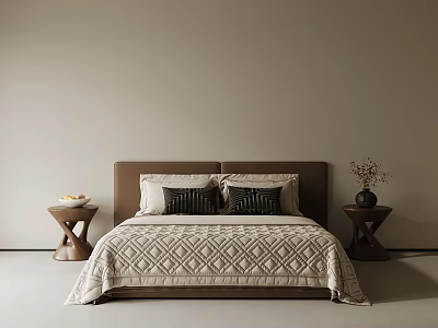 Minimalist Modern Bedroom Interior With Brown Headboard Geometric Quilt Decorative Pillows And Nightstands 3d model