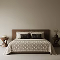 Minimalist Modern Bedroom Interior With Brown Headboard Geometric Quilt Decorative Pillows And Nightstands