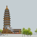 Traditional Multi tiered Pagoda in Landscaped Courtyard With Trees and Small Buildings