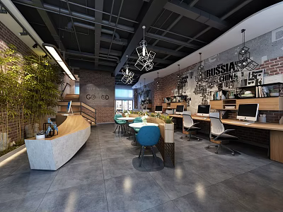Modern Public Office Space Interior With Brick Walls Green Plants Workstations Pendant Lights And Computers 3d model