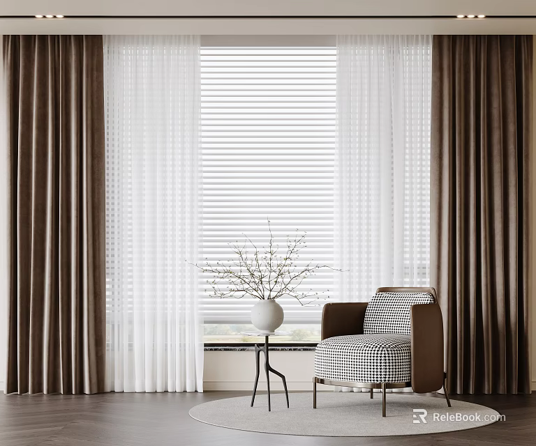Brown And White Curtains In Modern Living Room With Sheer Panels And Accent Chair 3d model 