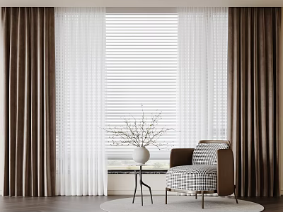Brown And White Curtains In Modern Living Room With Sheer Panels And Accent Chair 3d model