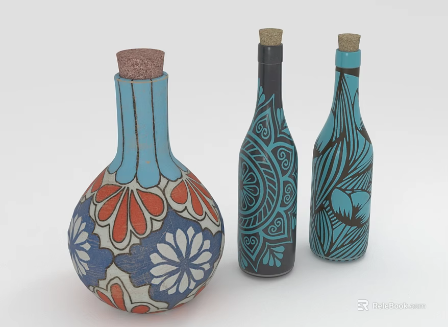 Three Decorative Wine Bottles with Blue Black Hues Floral Leaf Patterns and Cork Stoppers 3d model 