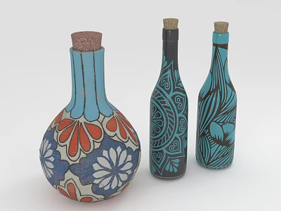 Three Decorative Wine Bottles with Blue Black Hues Floral Leaf Patterns and Cork Stoppers 3d model