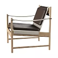Modern Minimalist Leisure Chair With Wooden Frame Leather Seat And Metal Armrests