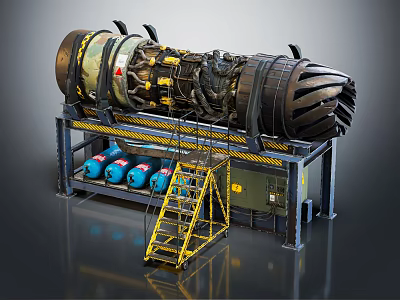 Large Industrial Engine Display With Metal Stand And Blue Gas Cylinders 3d model