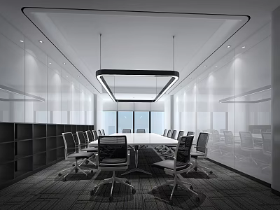 Modern Conference Room Interior Design With Long Table Surrounding Chairs And Glass Walls 3d model