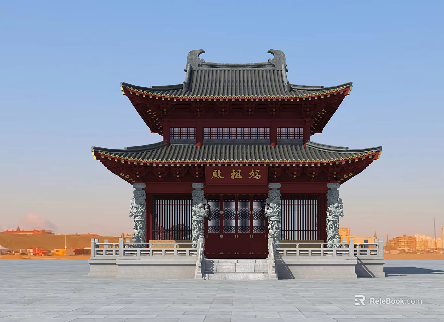 Ancient Chinese Architecture With Two Story Pavilion Traditional Curved Roof Overhanging Eaves And Stone Pillars 3d model 