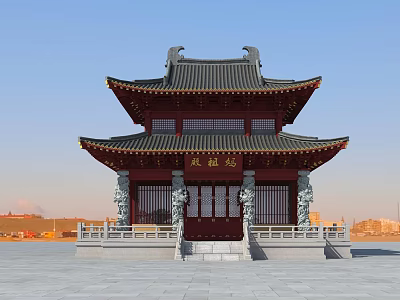 Ancient Chinese Architecture With Two Story Pavilion Traditional Curved Roof Overhanging Eaves And Stone Pillars 3d model