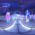 Elegant Banquet Hall With Geometric Ceiling Colorful Glass Walls Hanging Chandeliers And Round Dining Tables