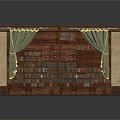 Traditional Wooden Bookshelf Display With Books Green Curtains Yellow Trim Stone Sides And Bench