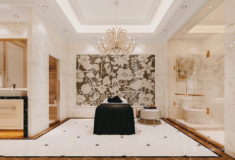 Modern Luxury Bathroom With Marble Walls Floral Accent Wall Black Bathtub And Gold Accents 3d model 