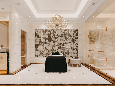Modern Luxury Bathroom With Marble Walls Floral Accent Wall Black Bathtub And Gold Accents 3d model
