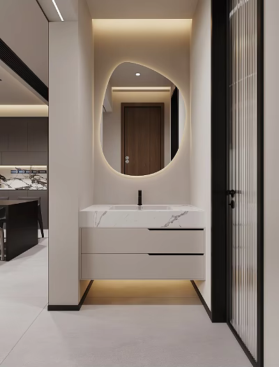 Elegant Modern Vanity With Marble Countertop Round Mirror Drawers And LED Lighting 3d model