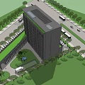Modern Multi Storey Building With Glass Facade Green Roof Curved Base And Surrounding Urban Greenery
