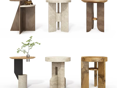 Modern Stylish Side Tables With Wooden And Marble Materials Various Geometric Designs 3d model