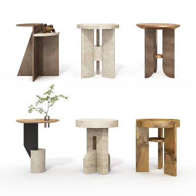 Modern Stylish Side Tables With Wooden And Marble Materials Various Geometric Designs 3d model
