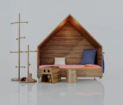 Wooden House Shaped Kids Bed With Coat Rack Stool Pillows And Soft Blanket 3d model