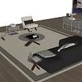 Modern Living Room Black Leather Sofa And Round Coffee Table Set With Rug And Side Table