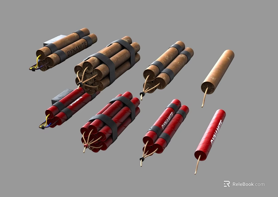Brown and Red Dynamite Bundles with Black Straps and Fuses on Gray Background 3d model 