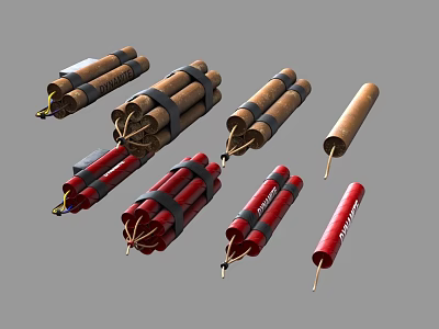Brown and Red Dynamite Bundles with Black Straps and Fuses on Gray Background 3d model