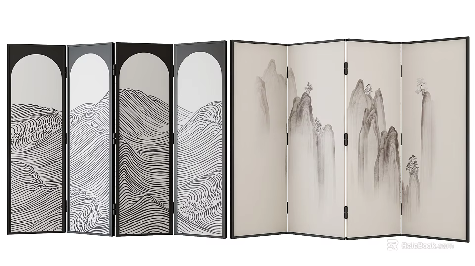 Traditional Chinese Folding Screens Featuring Ink Landscape And Wave Patterns 3d model