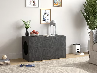 Cozy Interior With Grey Cat Cabinet Opening Table Lamp Cat Painting Green Plants And Apples 3d model